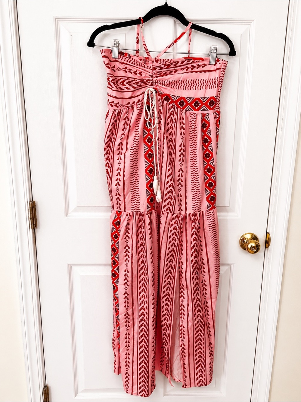 Pink Boho Halter Maxi Dress with Red Accents